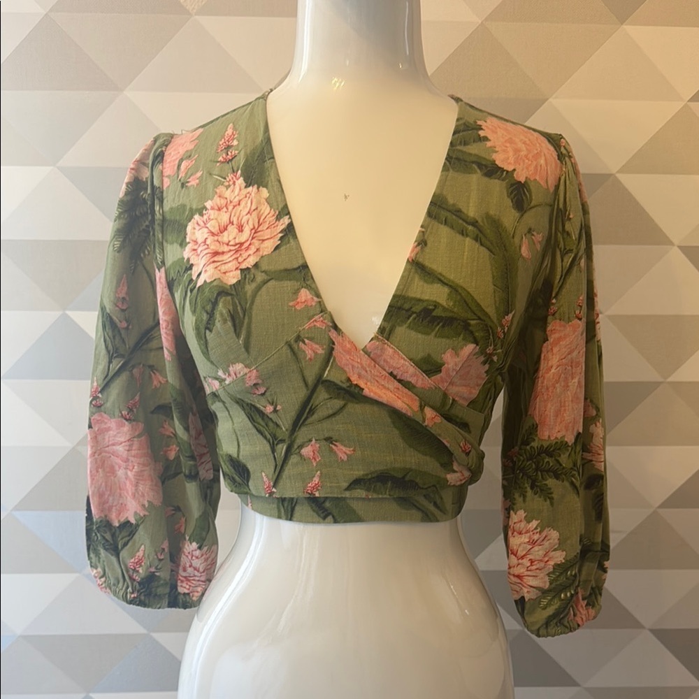 Agua Bendita Pink and Green Puff Sleeve Wrap Blouse